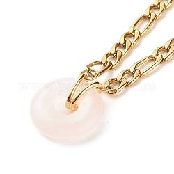 Collar con colgante de donut de cuarzo rosa natural, collar de piedras preciosas con 304 cadena figaro de acero inoxidable para mujer, dorado, 15.87 pulgada (40.3 cm)