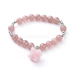 Braccialetti con cinturino elasticizzato al quarzo rosa naturale, con perle rotonde in ottone, Stella di merkaba, platino, 2-1/4 pollice (5.7 cm)