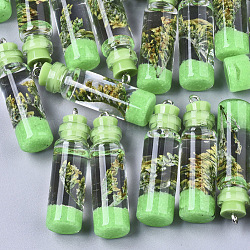 Glass Bottle Decorations, with Resin & Dried Flower, Resin Tampions and Iron Findings, Spring Green, 42~44x11mm, Hole: 2mm