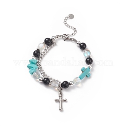 Bracelet en perles de pierres naturelles et synthétiques avec breloque croix, 304 bijoux en acier inoxydable pour homme femme, turquoise (teint), 7-5/8 pouce (19.4 cm)