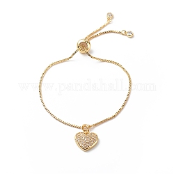 Bracciale scorrevole con pendente a cuore in zirconi trasparenti con catene a scatola in ottone da donna, oro, diametro interno: 1-7/8~2-5/8 pollice (4.9~6.6 cm)