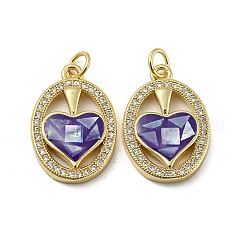 Brass Micro Pave Cubic Zirconia Pendants, with Enamel Shell, Oval with Heart, Dark Slate Blue, 21x14x4mm