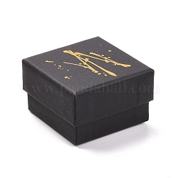 正方形のホットスタンピング厚紙ジュエリー包装箱  内部のスポンジ  リング用  小さな時計  ネックレス  イヤリング  ブレスレット  ブラック  5.1x5.1x3.3cm