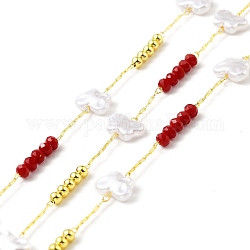 Handgefertigte umweltfreundliche Kabelkette aus Messing, mit glas & ccb schmetterling & runden perlen, langlebig plattiert, golden, gelötet, mit Spule, rot, 7x10x3 mm