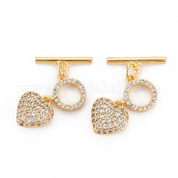 Brass Micro Pave Clear Cubic Zirconia Toggle Clasps, Nickel Free, Heart & Bar, Real 18K Gold Plated, Heart: 11.5x10.5x6mm, bar: 15.5x4x1.5mm, Hole: 1.5mm~1.8mm