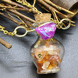 天然赤瑪瑙チップ香水瓶ネックレス  女性用合金チェーン付きガラス ペンダント ネックレス  19.69インチ（50cm）