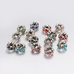 Tibetan Style Alloy Rhinestone European Beads, Large Hole Beads, Flower, Antique Silver, Mixed Color, 12x8mm, Hole: 5mm