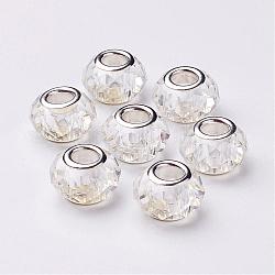 Perles européennes en verre, Perles avec un grand trou   , facette, clair, avec noyau en fer plaqué argent, clair, 10x13mm, Trou: 5mm