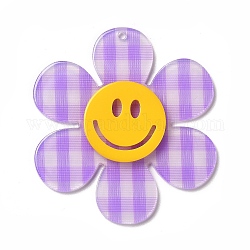 タータンチェックアクリルビッグペンダント  笑顔の花  ライラック  55x50x4.5mm  穴：1.8mm