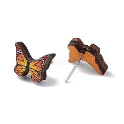 Orecchini a bottone in legno naturale, 316 gioiello in acciaio inossidabile per donna, modello di farfalla, 11x14.5mm, ago :0.6mm