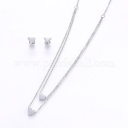 304 Stainless Steel Jewelry Sets, Stud Earrings and Pendant Tiered Necklaces, Heart, Stainless Steel Color, Necklace: 18.1 inch(46cm), 1.5mm, Stud Earrings: 7x8x1.2mm, Pin: 0.8mm