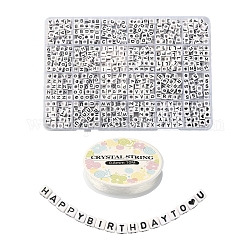 Perles de lettre à trous horizontaux acryliques opaques, cube, avec du fil de cristal élastique, blanc, 6x6x6mm, Trou: 3.2~3.5mm, environ 802 pcs / ensemble