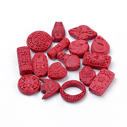 Cinnabar Beads, Carved Lacquerware, Mixed Shapes, Red, 15~40x10~30x6~15mm, Hole: 1~3mm, about 42pcs/bag