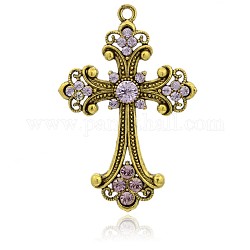 Gros pendentifs de croix latine en alliage plaqué d'or antique avec strass, violette, 75x50x6mm, Trou: 3.5mm