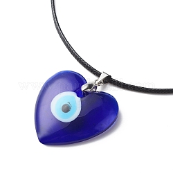 Collier pendentif mauvais œil au chalumeau bleu avec cordon ciré pour femme, motif de coeur, pendentif: 40x35x7 mm, 17.64~17.72 pouce (44.8~45 cm)