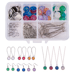 SUNNYCLUE 1 Box DIY 14 Set Druzy Jewelry Necklace Earrings Making Kit - 24pcs Flat Back Druzy Resin Cabochons 12mm, 24pcs Blank Dangle Cabochon Setting, Earrings Hooks, 2m Chains, Platinum