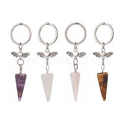 Porte-clés en pierres précieuses naturelles coniques, avec perles d'ailes en alliage et accessoires en 304 acier inoxydable, 8.8 cm
