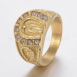 イオンプレーティング（ip）304ステンレス鋼ラインストーンフィンガー指輪  聖母マリア  ゴールドカラー  サイズ8~13  18~23mm