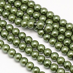 Eco-Friendly Dyed Glass Pearl Round Beads Strands, Grade A, Cotton Cord Threaded, Dark Olive Green, 6mm, Hole: 0.7~1.1mm, about 72pcs/strand, 15 inch