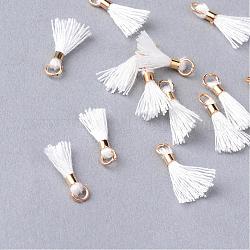 Polycotton(Polyester Cotton) Tassel Pendant Decorations, with Unwelded Iron Jump Rings, Golden, White, 10~16x2mm, Hole: 1.5mm