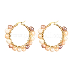 Boucles d'oreilles vintage en perles de perles naturelles pour fille femme, Créoles en 304 acier inoxydable, or, blanc, 42x47x8mm, pin: 0.8 mm