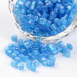 6/0 Cube Transparent Colours Rainbow Plated Round Hole Glass Seed Beads, Deep Sky Blue, 3.5~4x2.5~3mm, Hole: 0.5mm, about 5500pcs/450g