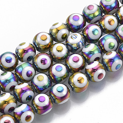 Electroplate Glass Beads Strands, Round with Evil Eye Pattern, Colorful, 10x9.5~10mm, Hole: 1.2mm, about 30pcs/strand, 11.2 inch