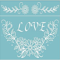 Stampino serigrafico autoadesivo, per la pittura su legno, tessuto della maglietta della decorazione fai da te, fiore con la parola amore, cielo blu, 22x28cm