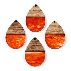 Pendentifs en résine transparente et bois de noyer, charmes de larme, rouge-orange, 36x24.5x3.5mm, Trou: 2mm