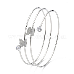 304 bracelet jonc triple boucles en acier inoxydable, bracelet manchette papillon en zircone cubique transparent, couleur inoxydable, diamètre intérieur: 2-1/2 pouce (6.25 cm)