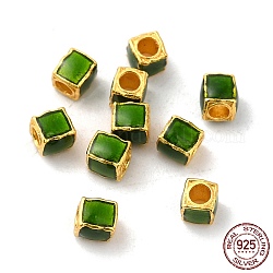 Matte Gold Color 925 Sterling Silver Beads, with Enamel, Square, Dark Green, 3x2.5x2.5mm, Hole: 1.4mm