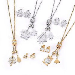 304 Stainless Steel Jewelry Sets, Pendant Necklaces and Stud Earrings, with Polymer Clay Rhinestones, Mixed Style, Golden & Stainless Steel Color, 21.65 inch(55cm), 15~21x11~20x2mm, Pin: 0.8mm