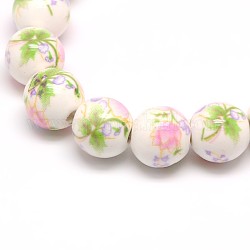 Handmade Flower Printed Porcelain Ceramic Beads Strands, Round, Pale Green, 10mm, Hole: 2mm, about 35pcs/strand, 13.5 inch