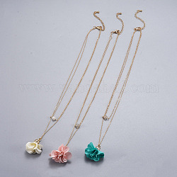Brass Tiered Necklaces, Double Layer Necklaces, with 304 Stainless Steel Findings, and Natural Moonstone Beads and Cloth, Flower, Golden, 15.35 inch(39cm), Pendant: 26.5~31x26~31mm
