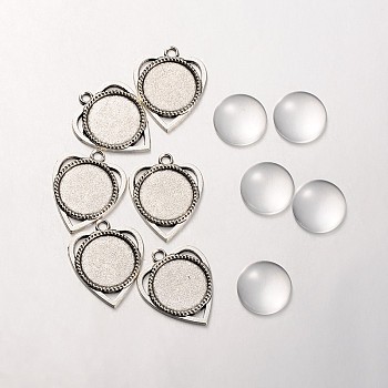 18x4mm Transparent Clear Glass Cabochons and Antique Silver Alloy Heart Pendant Cabochon Settings DIY-X0183-AS