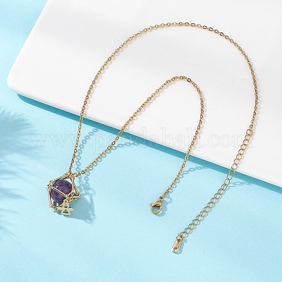 Makramee-Beutel aus Messing mit natürlichem Amethyst innen und Anhängerketten aus 304er Edelstahl für Damen&nbsp;NJEW-JN05607-03-1