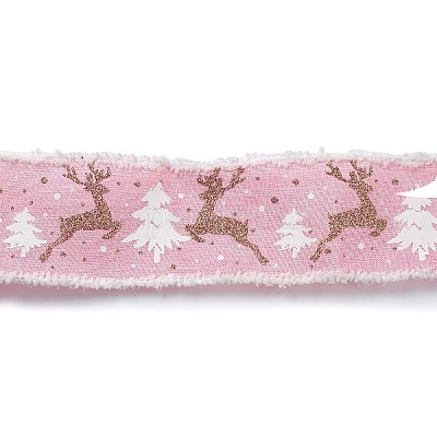 Christmas Theme Wired Linen Ribbon, Fuzzy Edged Ribbon, Deer & Christmas Tree Print, Pink, 2-1/2 inch(65mm), About 10.94 yards