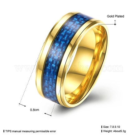 メンズチタンスチールフィンガー指輪  ワイドバンドリング  サイズ9  ブルー  ゴールドカラー  18.9mm RJEW-BB27555-C-9-1