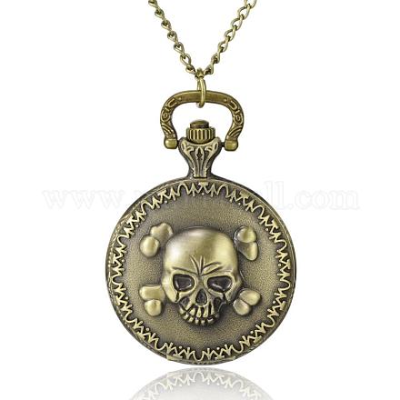 Flat Round with Skull and Crossbone Alloy Quartz Pocket Watches WACH-N039-15AB-1