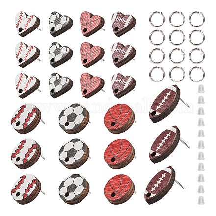 16 pz 8 stile baseball e ovale con risultati di orecchini a bottone in legno rugby e cuore WOOD-TA0001-95-1