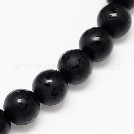 Natürliche Obsidian geschnitzt Runde Om Mani Padme Hum Perlen Stränge G-L275-04-12mm-1