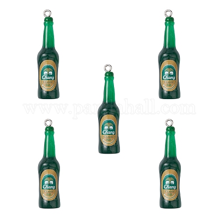 透明樹脂ペンダント  ステッカーとプラチナトーンの鉄のループ付き  ミニビール瓶チャーム  グリーン  36x10mm RESI-YW0001-41-1