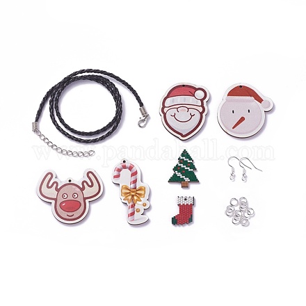 DIYクリスマスネックレス＆イヤリング作り  トレンディな編み込みイミテーションレザーネックレス作り  印刷された木製のペンダントと真鍮のピアスフック  ミックスカラー DIY-JP0003-41-1