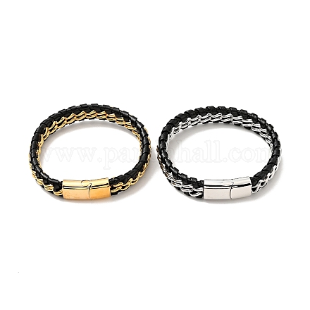 Bracelet cordon en cuir et 304 chaîne gourmette tressée en acier inoxydable avec fermoir magnétique pour homme femme BJEW-C021-19-1