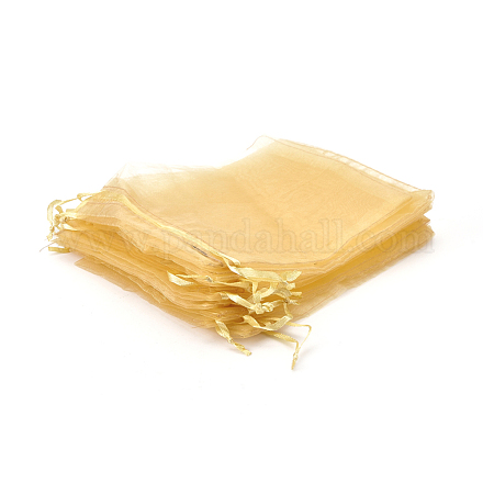 バレンタインデーギフトラッピングオーガンジーバッグ巾着袋  リボン付き  長方形  ゴールド  サイズ：約14センチ幅  17センチの長さ X-OP-A001-15-1