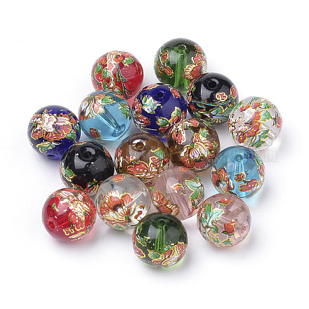 Patrón de flores impreso perlas de vidrio redondas GFB-Q001-12mm-B-1