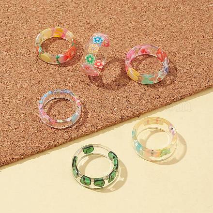 6 juego de anillos apilables de resina de 6 estilos para mujer. RJEW-FS0001-09-1