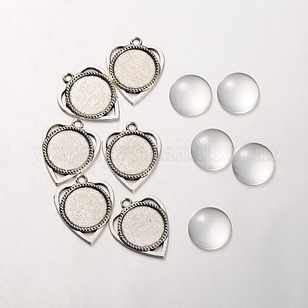 18x4 mm transparente cabochons de verre transparent et les supports de cabochons Pendentif coeur en alliage d'argent anciennes DIY-X0183-AS-1