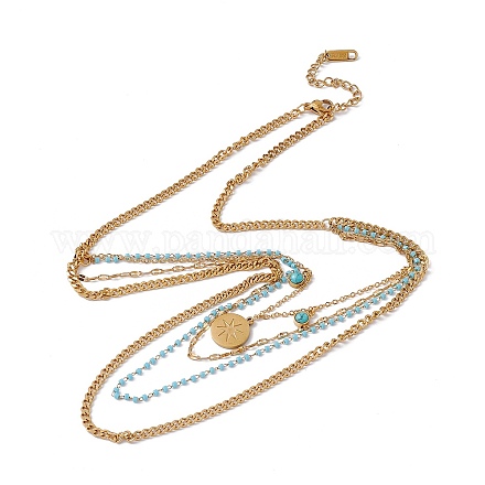 Synthetic Turquoise Sun Pendant Multi Layered Necklace with Plastic Beaded NJEW-P269-18B-G-1