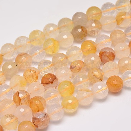 Faceted Natural Yellow Hematoid Quartz Round Beads Strands G-F266-10-16mm-1